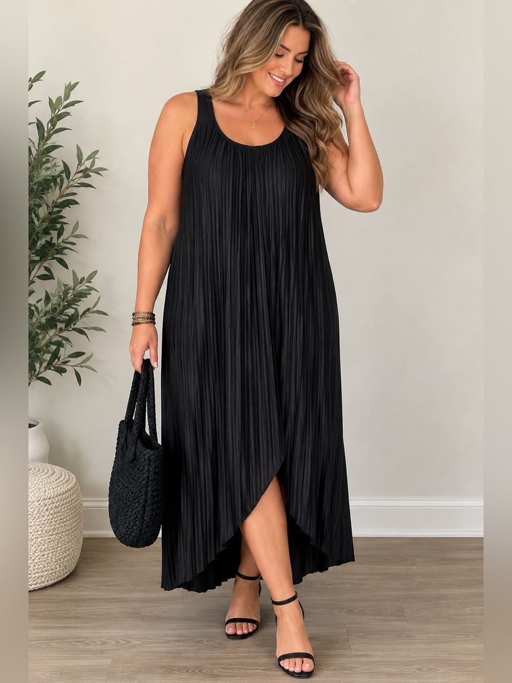 Attention Women’s 2X Black Pleated Maxi Dress Sleeveless Plus Size Flowy
